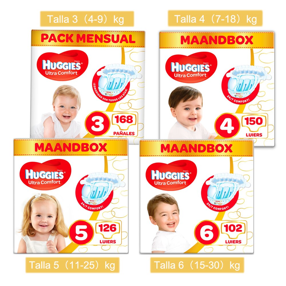 Huggies Pañales UC Talla 3 (168 unidades), Talla 4 (150 unidades), Talla 5 (126 unidades), Talla 6(102 unidades)