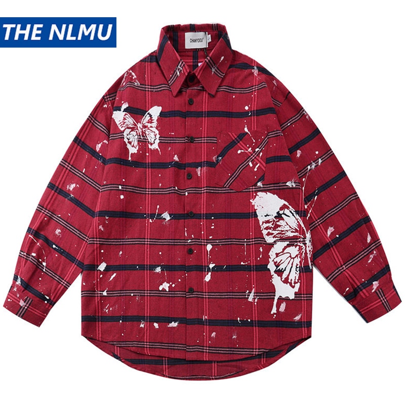 Camiseta a cuadros con estampado de mariposa para hombre, ropa de calle, otoño , Harajuku, Hip Hop, informal, vestido de botones suelto, WY150