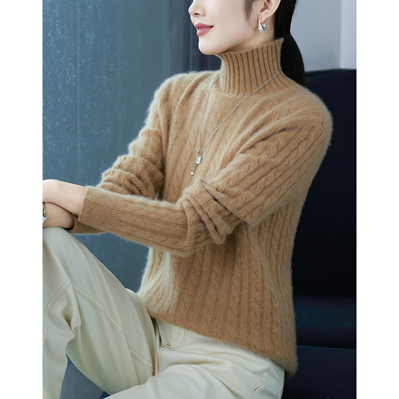 Camisa de fondo de lana pura 100% de Cuello medio alto para mujer, suéter de punto de lana acolchado suelto, otoño e invierno,