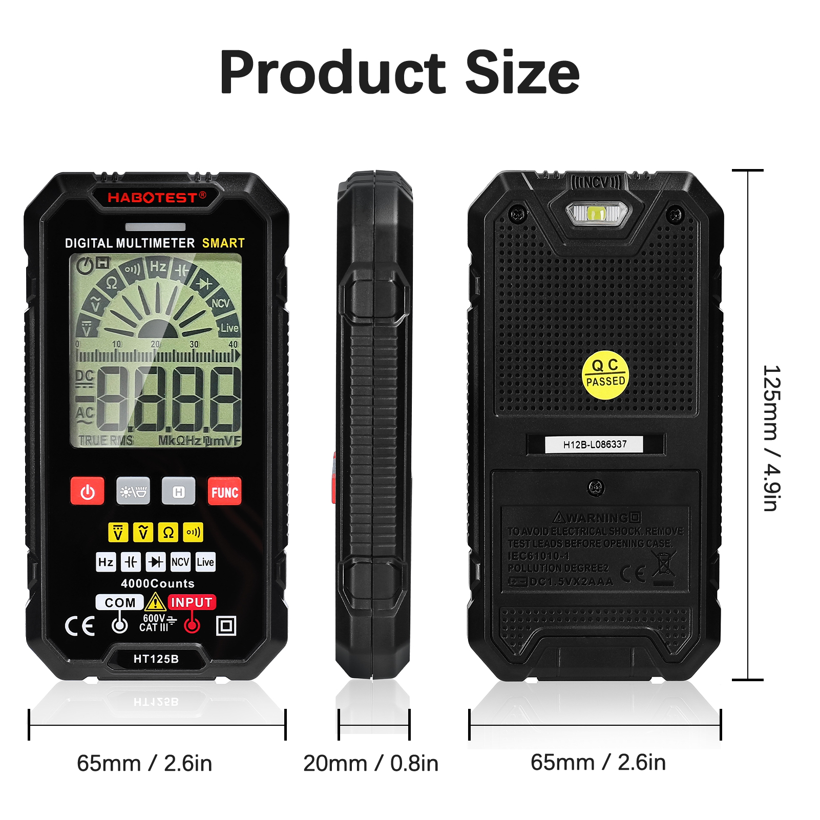 HT125B Smart Digital Multimeter 4000 Counts NCV DC / AC Voltage Resistance Frequency Diode Continuity Capacitance Measurement