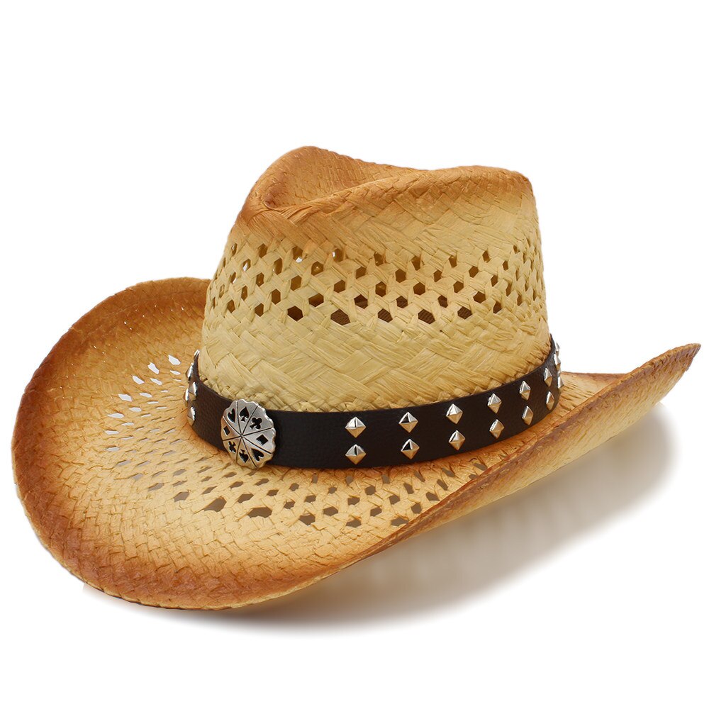 Sombrero de vaquero occidental para hombre y mujer, Sombrero de paja tejido a mano, para playa, tamaño 58CM