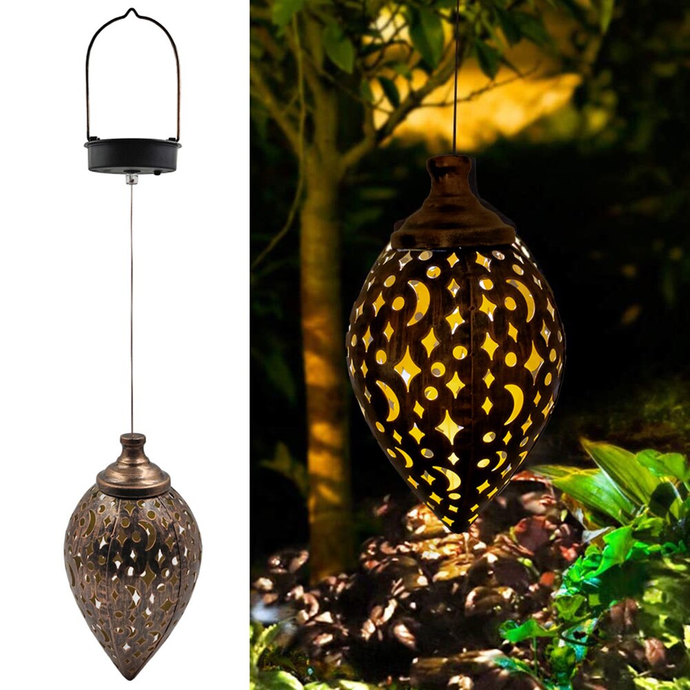 Iron Solar Lantern LED Hanging Projection Light Retro Hollow Outdoor Solar Power LED Waterproof Easy Installation Chandelier