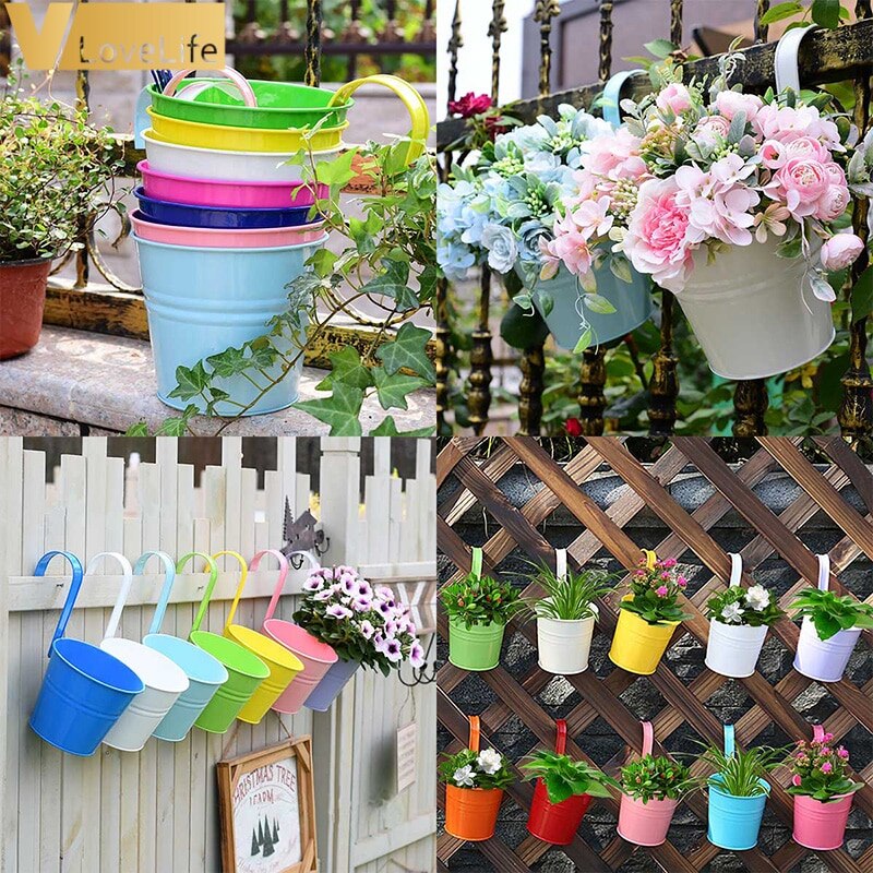 Macetas colgantes de pared para jardín y balcón, cubo de Metal, soporte para flores, 10 colores