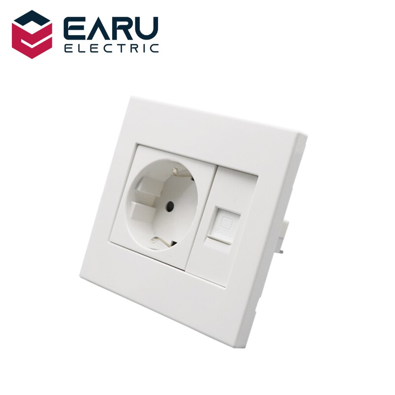 EU 16A Wall Socket Switch 1 Gang with CAT6 T568A/B Internet Computer Data Connector 250V PC Panel White Color Modular 86*92mm