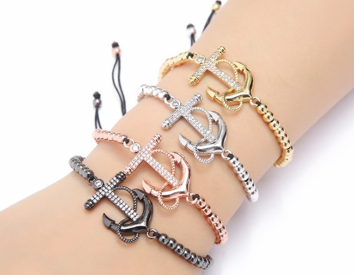 gold silver micro pave cz Cubic Zirconia rope adjusted Copper Beads Bracelet hgfg2 anchor Charm Braided Bangles Women