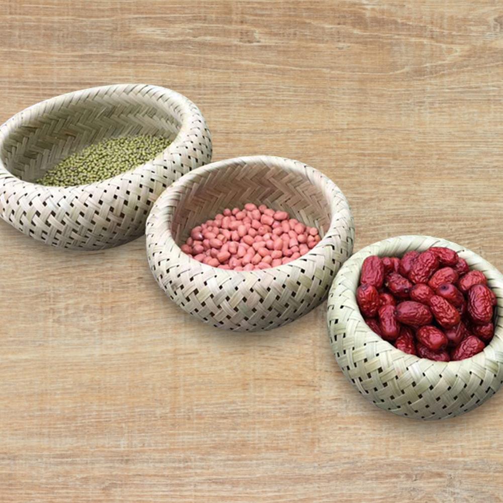 Bambu tallrik handgjorda vävda förvaringskorg matvaror rund förvaringslåda fruktfat snacks skrivbord arrangör torkning soptunna bur