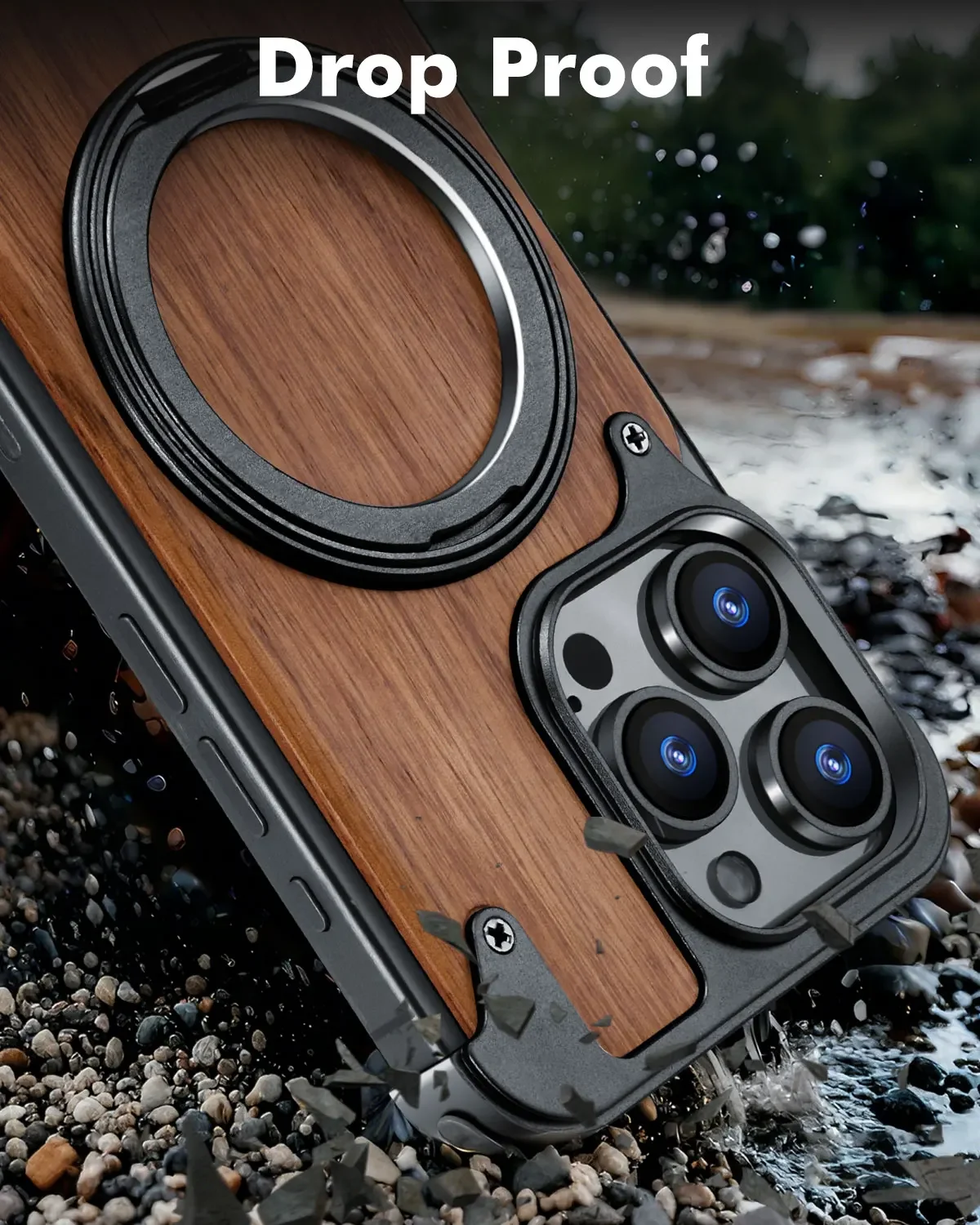 Oatsbasf Solid Wood Magnetic Phone Case for iPhone 16 Pro/16 Pro Max w/ 360°Rotate Kickstand Wireless Charging Protective Cover