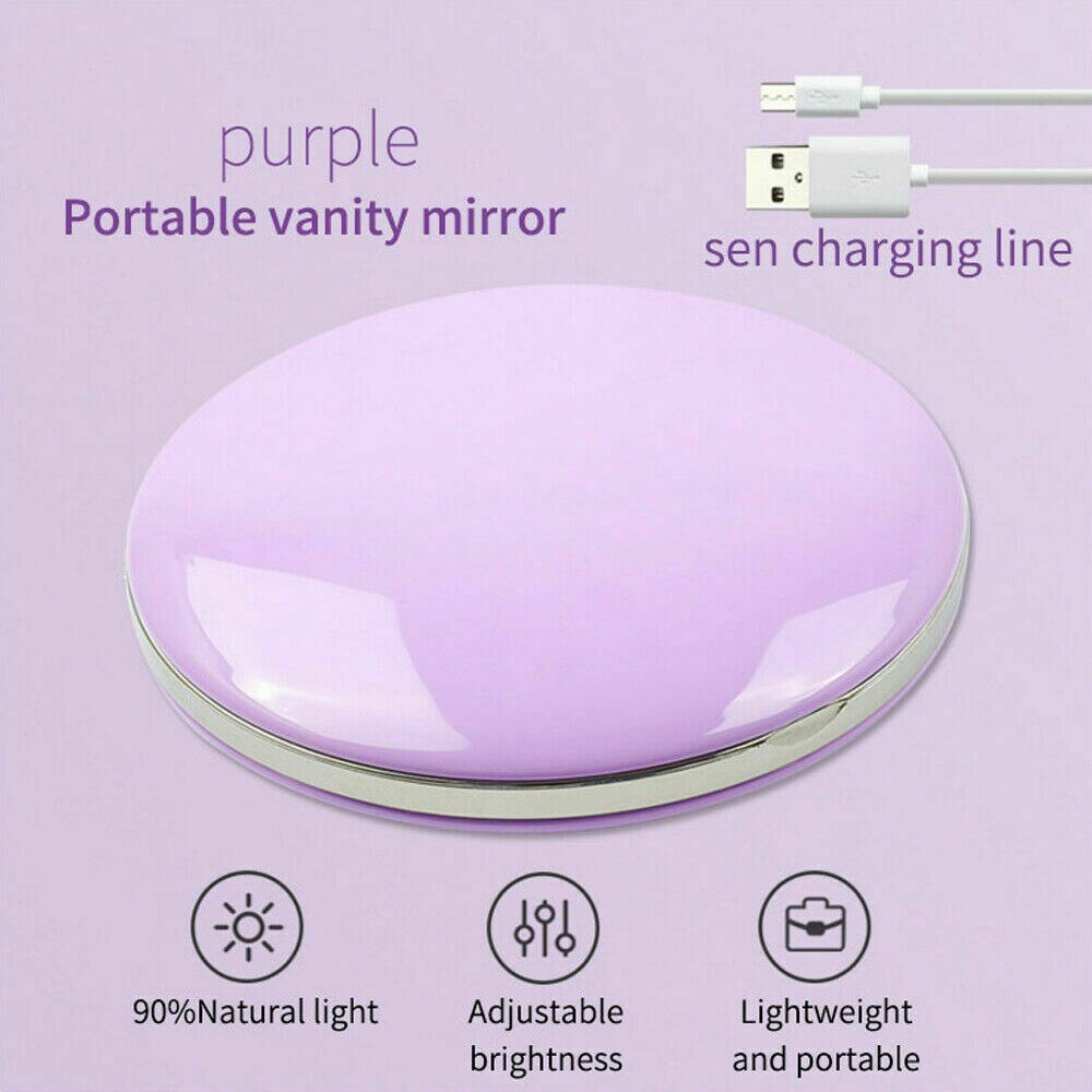 Make-up Cosmetische Opvouwbare Draagbare Compacte Pocket Spiegel met Led-verlichting Lampen Candy Kleur USB opladen draagbare ABS Spiegel: Paars
