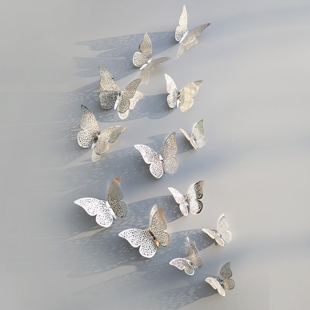 12pcs/set Hollow 3D Butterfly Wall Sticker for Wedding Decoration living room window Home Decor Gold silver Butterflies stickers: Silver B