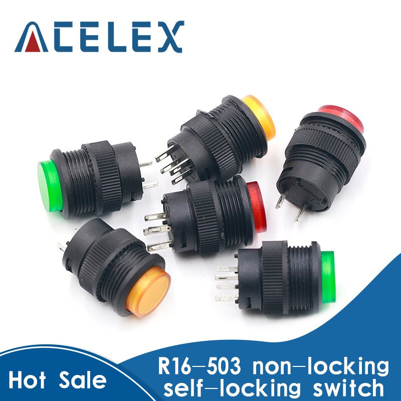 5PCS self-lockin 16MM Latching/Momentary push button switch with 5Color LED lighting 4Pin R16-503/AD R16-503/BD