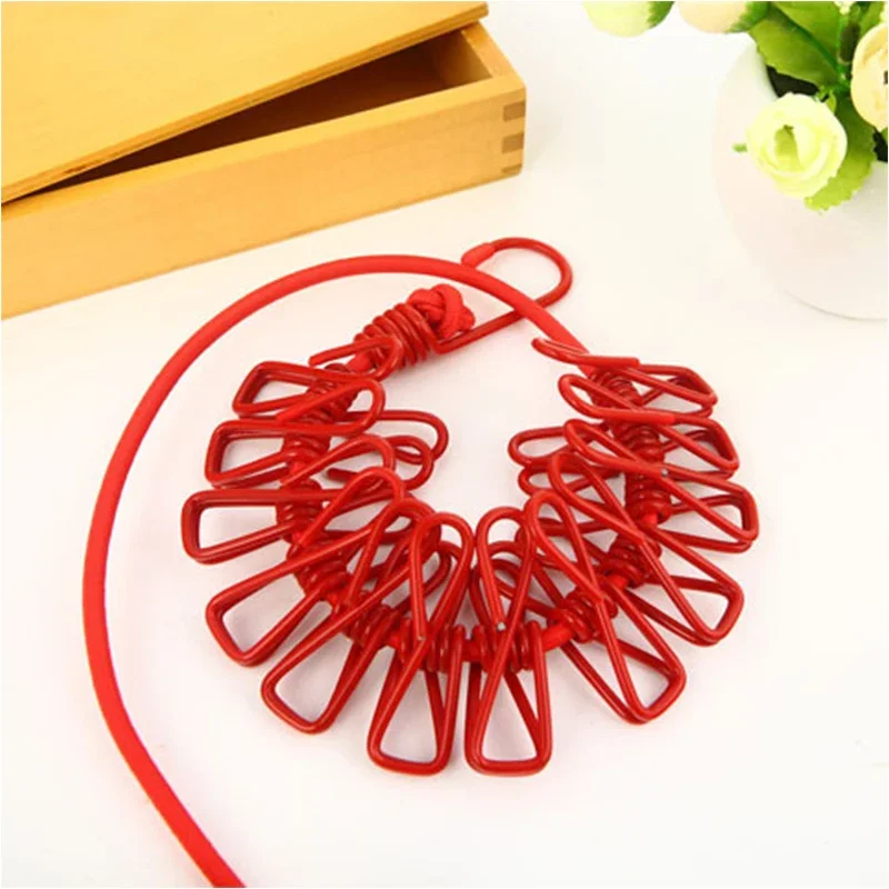 Portable Clothing Clothesline with 12 Clips Retractable Laundry Dryer Clothes Rope Drying Rack Cloth Hanging Line for Outdoor: Red