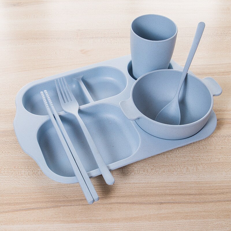 6 Stks/set Baby Mooie Kom Tarwe Materiaal Kinderen Sectionele Diner Plaat Tarwe Stro Materiaal Kom Servies Set Plastic Effen: Blue set