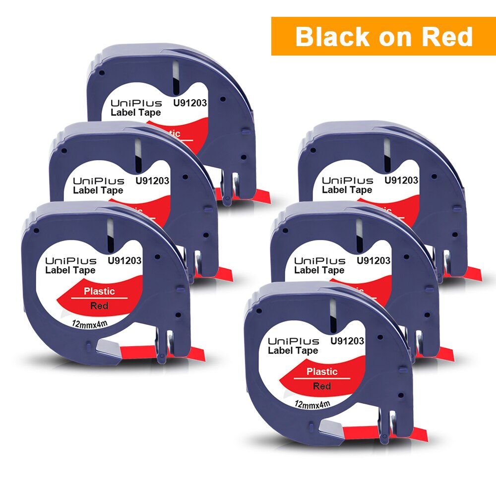 Uniplus 6pk 12267 91201 91202 91203 91204 91205 label tape fit dymo letratag label maker 12mm plastfarvesæt til dymo lt -100: 91203 sort på rødt