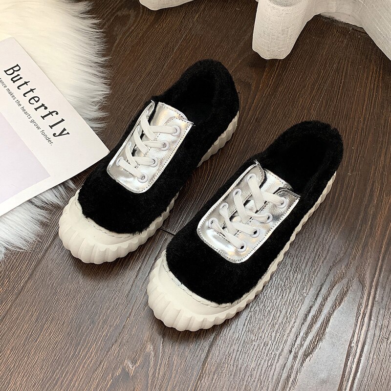 Zapatos peludos femeninos Otoño e Invierno pelo de cordero color plano a juego zapatos deportivos de encaje zapatos casuales de galleta marea