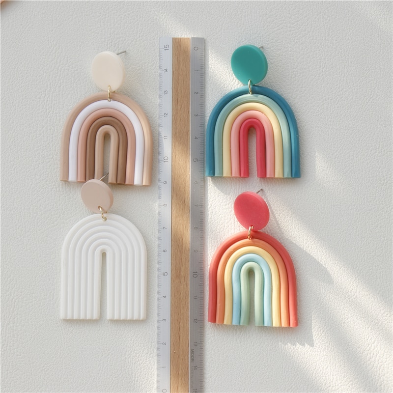 AOMU Ethnic Boho Gradient Ceramic Clay Rainbow Color Arched Colorful Line Handmade Long Dangle Earrings for Women Jewelry