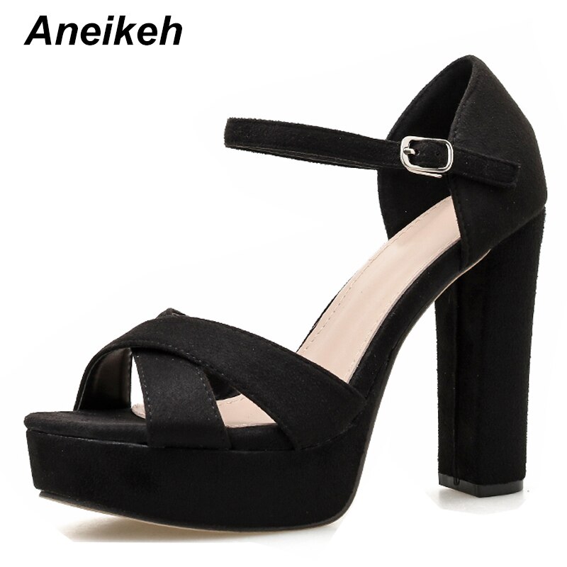 Aneikeh Flock Gladiator Sandalen Vrouw Peep Toe Platforms Hoge Hakken Enkelbandje Pompen Partij Nachtclub Schoenen Maat 42