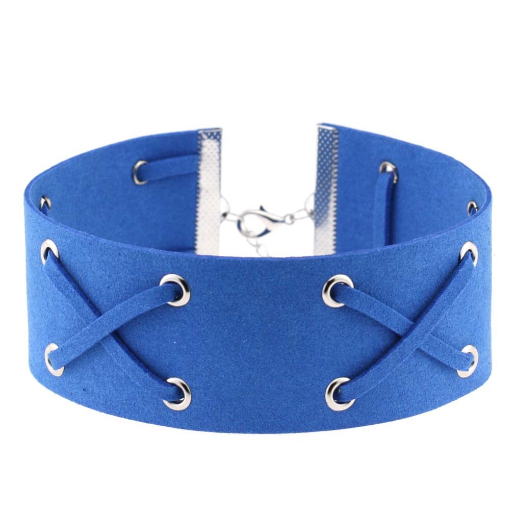 Decopunk Handmade Neo Gothic Hippie Wide Leather Wrap X Charm Silvery Lobster Buckle Adjustable Choker Necklaces For Women: Blue