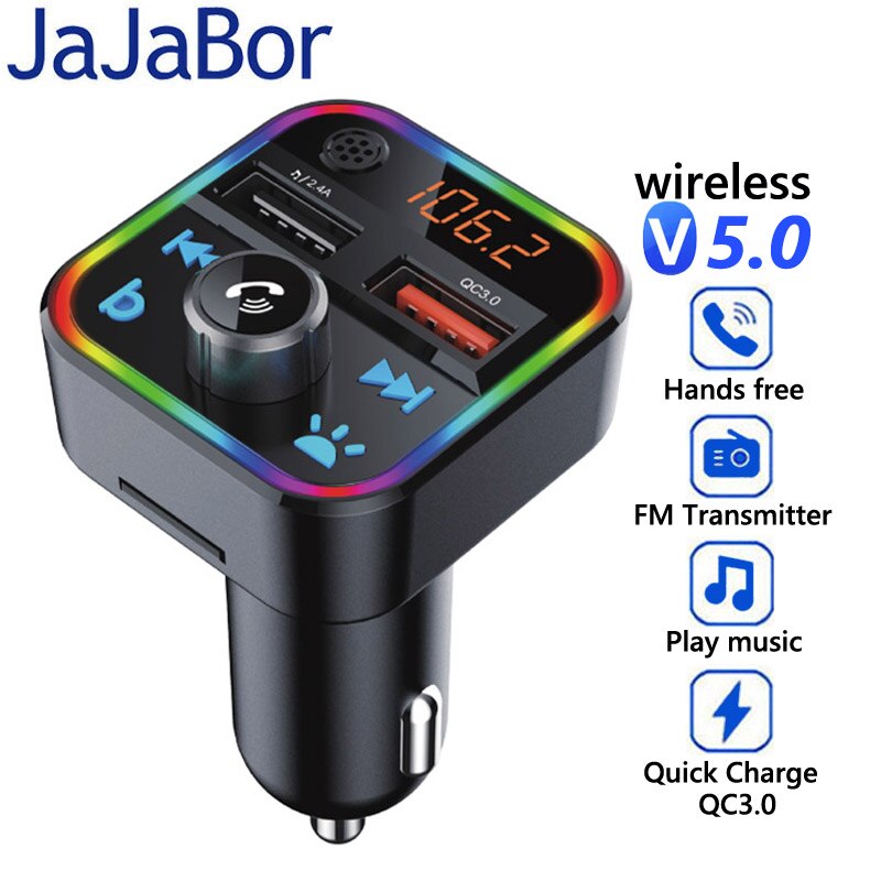 JaJaBor FM Transmitter Bluetooth Car Kit Bass Stereo MP3 Player with LED Atmosohere Light Wireless Handsfree QC3.0 Quick Charge
