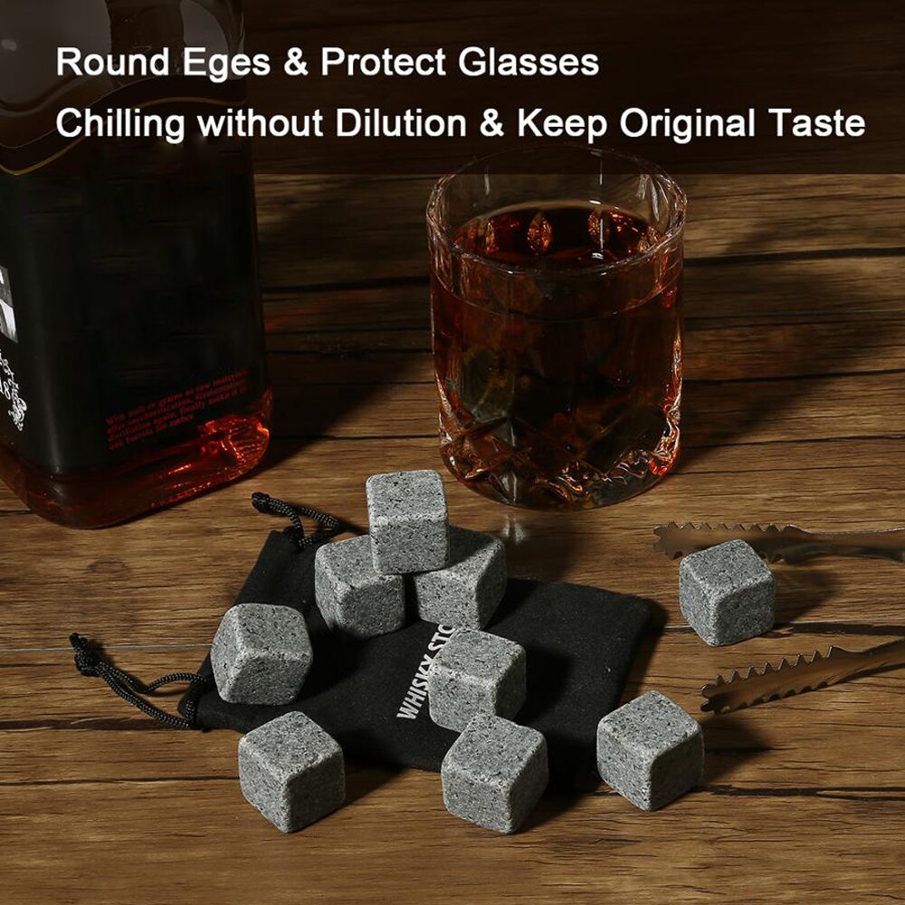 Whisky sten sæt  - 9 stk granit whisky sten isterninger whisky sten - genanvendelige drink køligere kølesten med tang