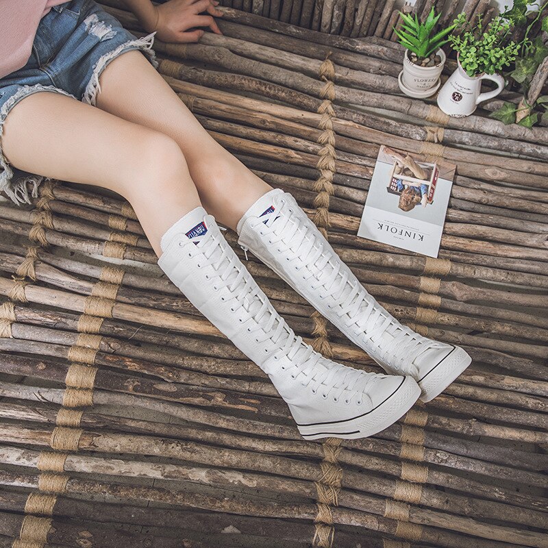 2021 nye forår efterår kvinder sko canvas afslappet høj top sko lange støvler snøre lynlås komfortable flade støvler sneakers