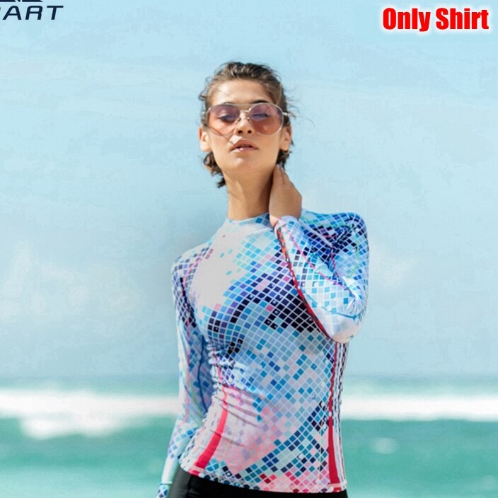 Women Elastic long sleeved RashGuards Separate Sales Shorts Clothe Sunscreen Snorkeling Swimming Diving Surfing UV Beach Shirt: Blue / M