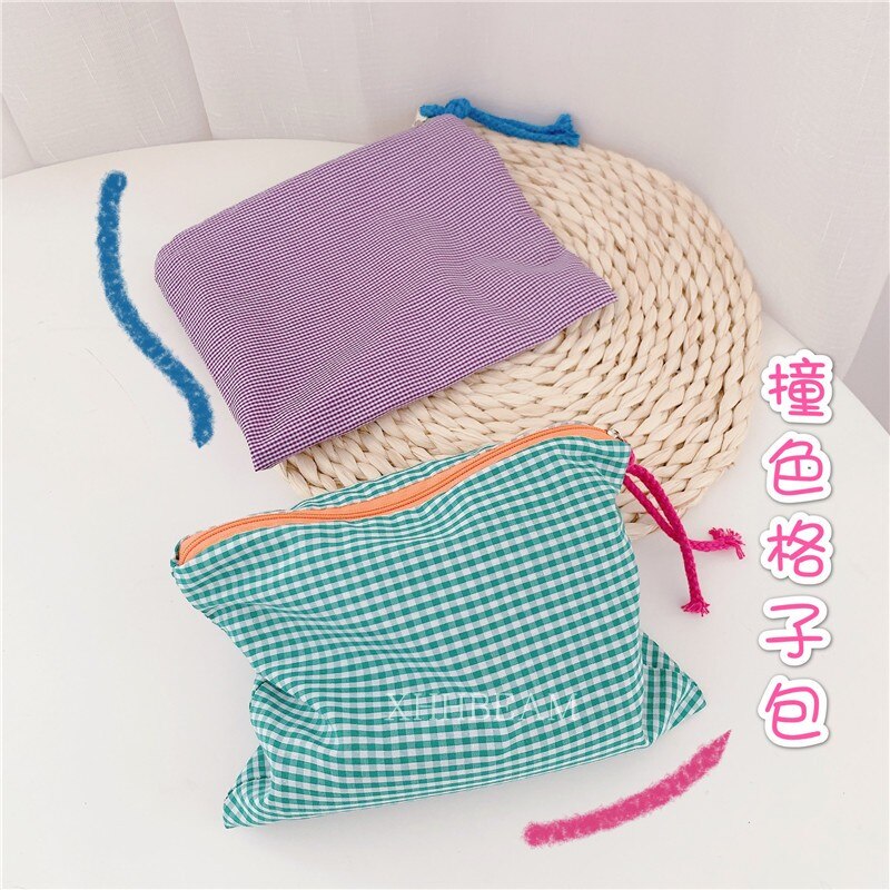 Bolsa de cosméticos coreana a cuadros para mujer, bolso de rejilla para mujer, bolso de mano de viaje, almacenamiento de lavado de teléfono, organizador de maquillaje, bolsa de aseo para niña