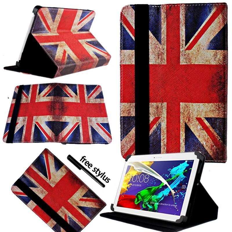KK&LL For Lenovo Tab 2 A10-70 10.1 Inch - Leather Tablet Stand Folio Cover Case + Free stylus: Union Jack