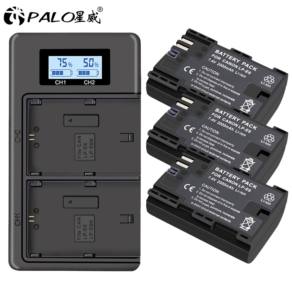 Palo LP-E6 LPE6 LPE6N Camera Batterij Li-Ion Oplaadbare Batterij Voor Canon Eos 6D 7D 5D Mark Ii Iii Iv 60D 60Da 70D 80D 5DSR: 3 battery 1 charger