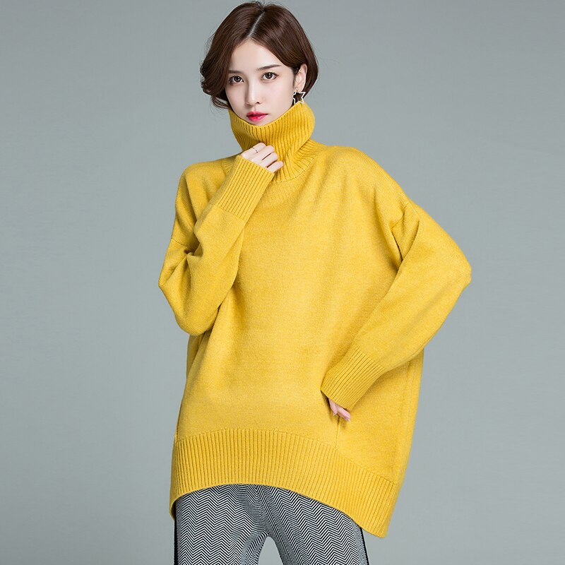 Turtleneck tröja dam löst ytterkläder mellanlång lata stil dam vinter tjock stickad bottenskjorta: Gul / Xl