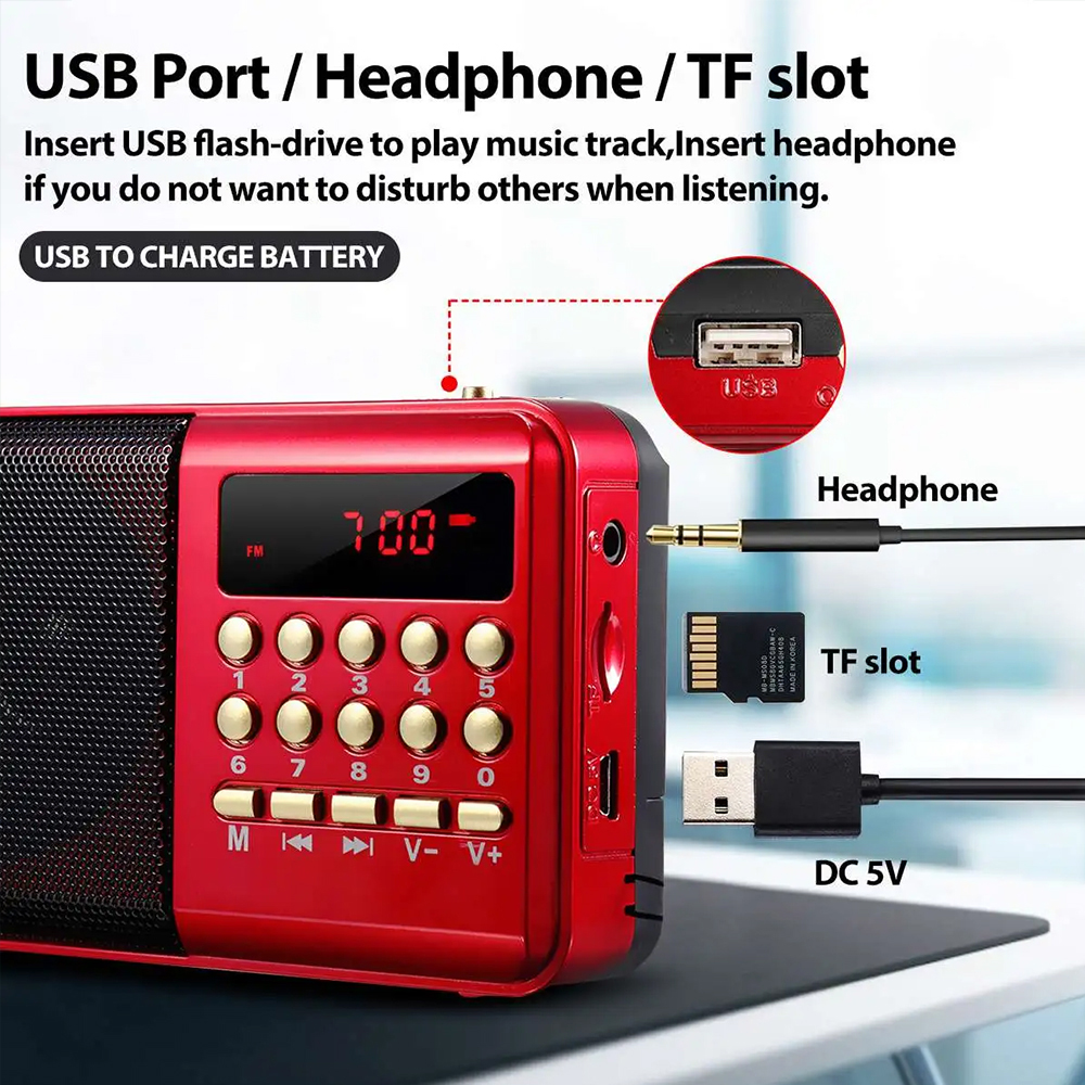 Mini Portable Radio Handheld Rechargeable Digital FM USB TF MP3 Player Music Speaker Devices Supplies