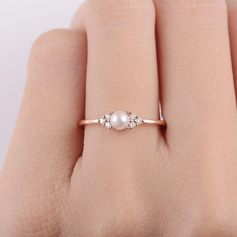 Simple 925 Sterling Silver White Rose Gold Peal Clear Cubic Zirconia Crystal Jewelry For Women Female Finger Rings