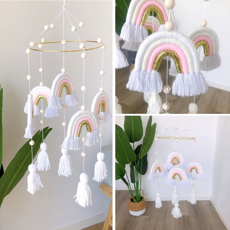 Rainbow Hanging Handmade Weaving Ornament Nordic Baby Kids Room Wall Decor Baby Rattle Mobile Toys Crib Toy