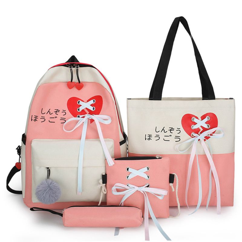 4pcs Canvas School Backpack Daypack Ribbon Shoulder Bags Handbag Pencil Case Set A69C: pink