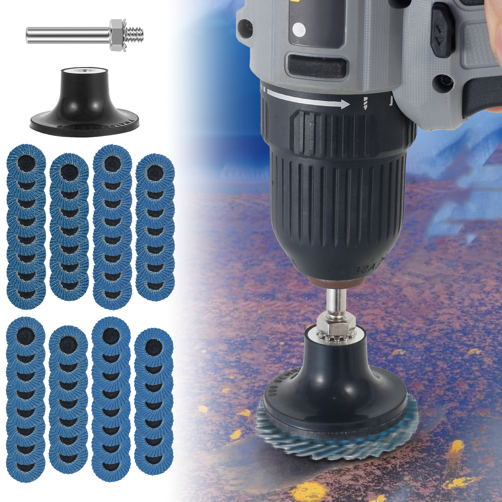 60 stk. mini-lamelskivesæt, 2 tommer aluminiumoxid-sliber, slibeskive med 1/4 tommer holder, klapslibeskive, rullelås, klapskive