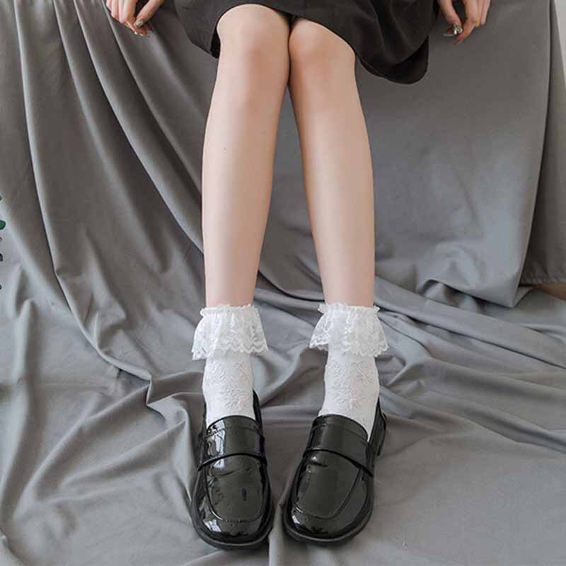 Lolita – chaussettes blanches en dentelle pour femmes, en coton, avec nœud en cœur, style JK