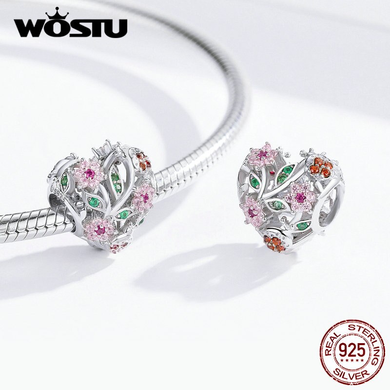 WOSTU 925 Sterling Silver Ladybugs & Flowers Heart Beads Pink Zircon Charm Fit Original Bracelet Necklace Jewelry CTC117