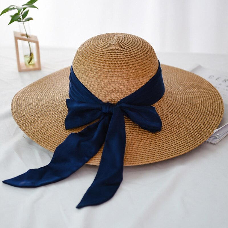 Ht2259 panama damer hatte strand stor bånd sløjfe stor bred skygge hat kvinder sommer pakkes floppy strand sol hat halm