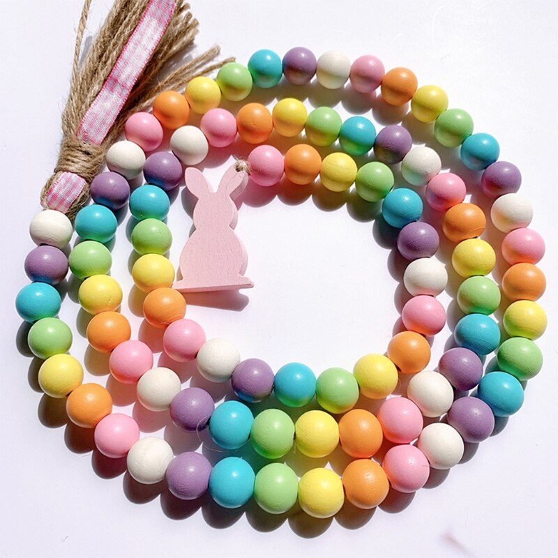 Nordic Easter Wood Bead Garland with Tassels Farmhouse Beads Rustic Country Decor Kid Room Wall Hanging Ornament Home Decor