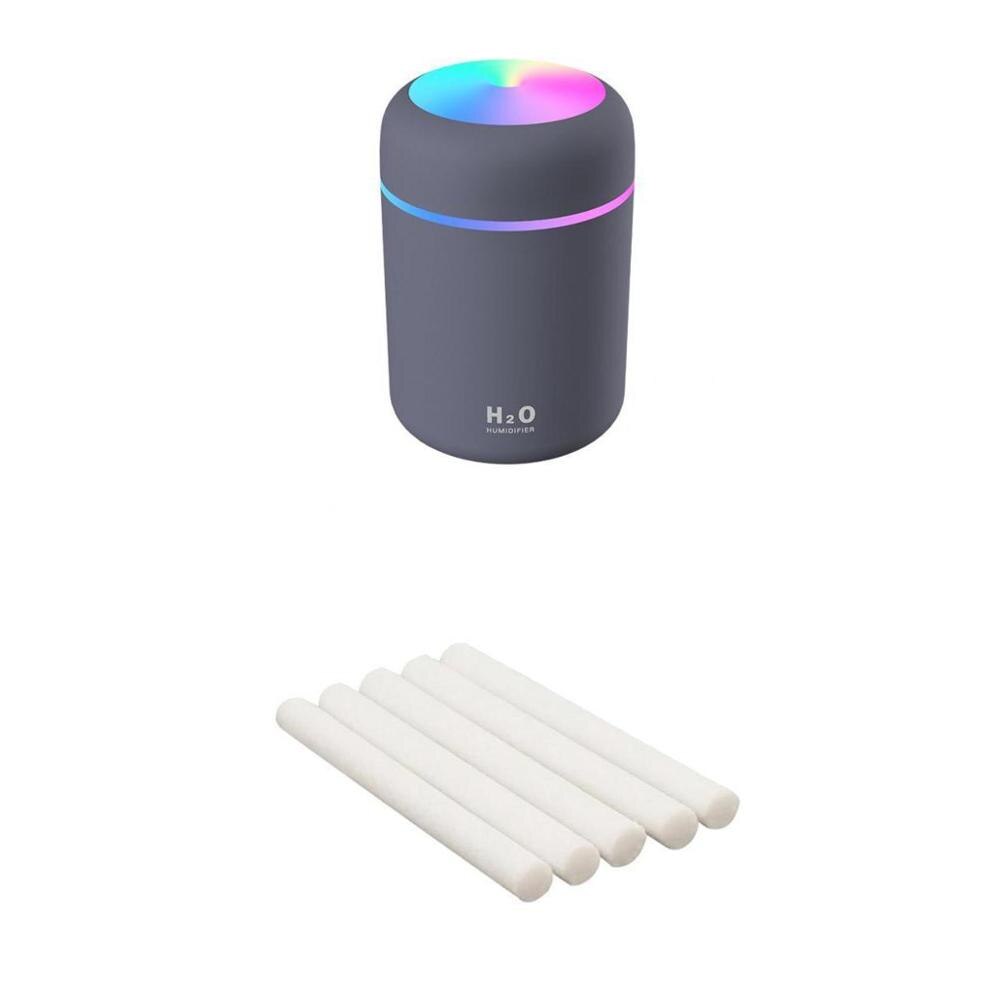 300ml Air Humidifier Ultrasonic Mini USB Aroma Essential Oil Diffuser Cool Mist Maker with Colorful Light for Car Home: Gray 5 filters