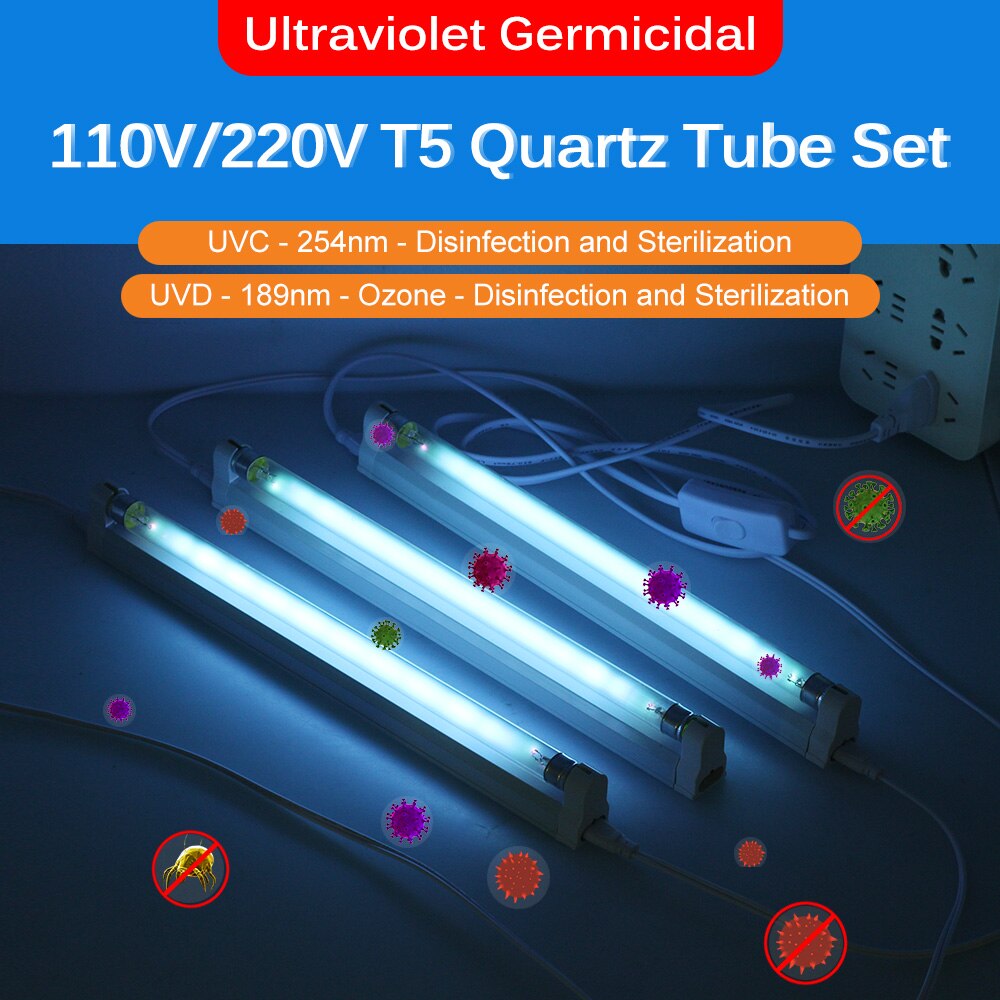 220V 110V Germicidal Light T5 Tube UVC Quartz Ultraviolet Lamps UV Sterilizer Kill Dust Mite UV Ozone Bactericidal Lamp for Home