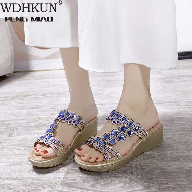 WDHKUN Bling femmes sandales été sandales à talons hauts cristal décontracté dames chaussures talons hauts strass pantoufles #0626