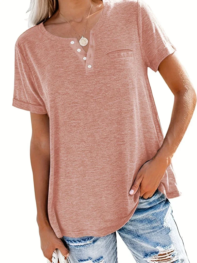 T-shirt décontracté à manches courtes et col en V pour femmes avec poches, grande taille, 1XL-8XL, printemps et été, style: 5XL / Rose