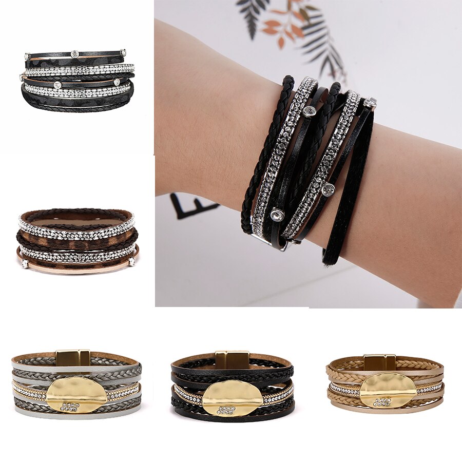Vintage feuille multicouche Bracelet en cuir hommes tressé à la main strass corde Bracelets d'enveloppement Bracelets mâle directe