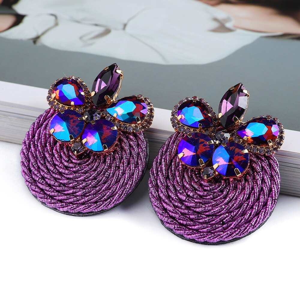 Ethnic Style Cotton Cord Weave Round Ear Accessories Vintage Sparkly Crystal Dangle Earrings For Women Luxury Jewelry: 37