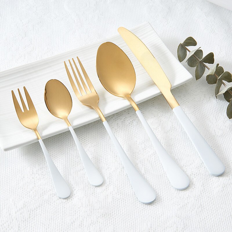 Tableware Cutlery Set Stainless Steel Cutlery Set Silver Fork Spoon Knife Cutlery Set Spoon Western Dinnerware Set Kitchen: white gold 5pcs