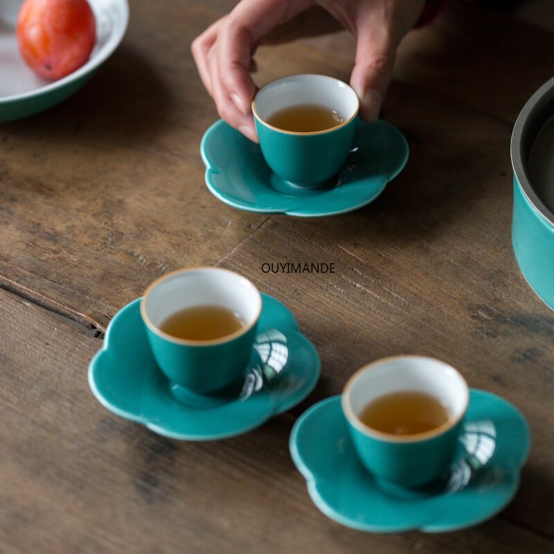 30ml Traditional Chinese Style Ceramic Green Teacup China Porcelain Small Tea Cups and Saucer Sets Turquoise Green Ceramics