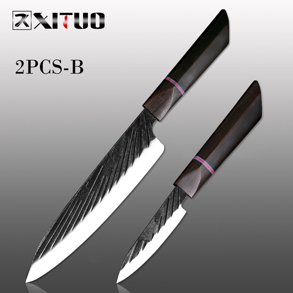 XITUO Chef Knife 440C Steel Handmade Forged Japanese Sharp Meat Cleaver Kiritsuke Santoku Utility Paring Knife Cooking Tools: 2PCS-B