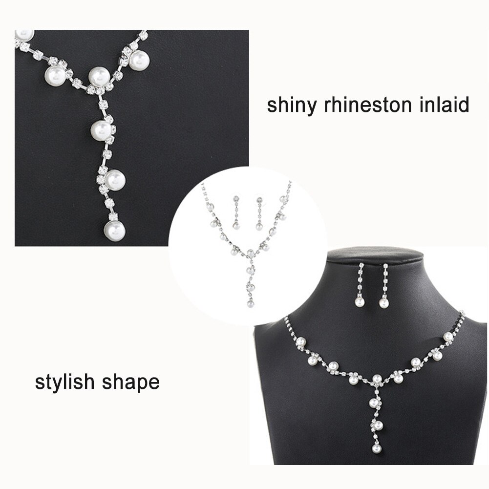 Women Rhinestone Faux Pearl Pendant Necklace Stud Earrings Jewelry Set sales