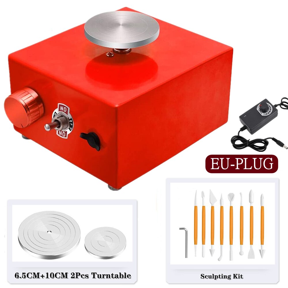 Mini máquina eléctrica de rueda de cerámica para manualidades, rueda de cerámica, herramientas de arcilla, tocadiscos con bandeja y Kit de escultura de 6,5 + 10CM: Red EU-PLUG