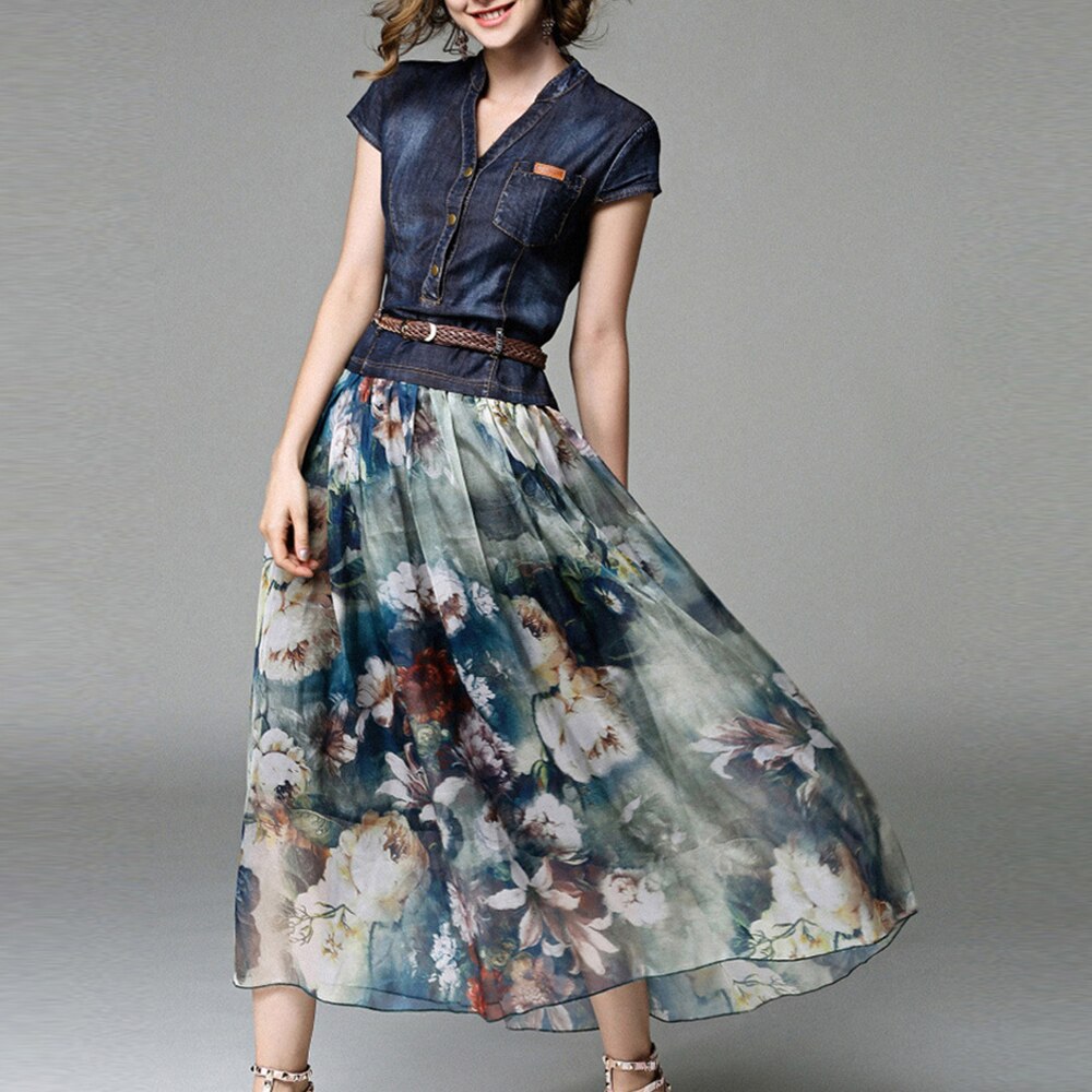 Kvinder afslappet kjole denim chiffon patchwork blomsterprint kortærmet v-hals bohemia a-line kvindelige maxi kjoler